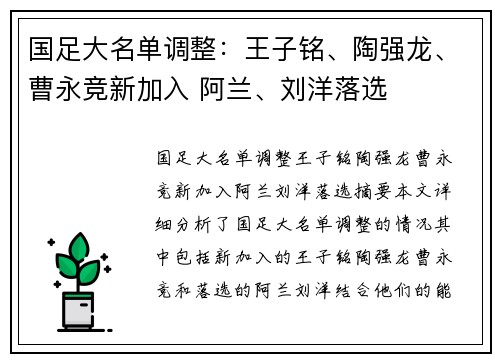国足大名单调整：王子铭、陶强龙、曹永竞新加入 阿兰、刘洋落选